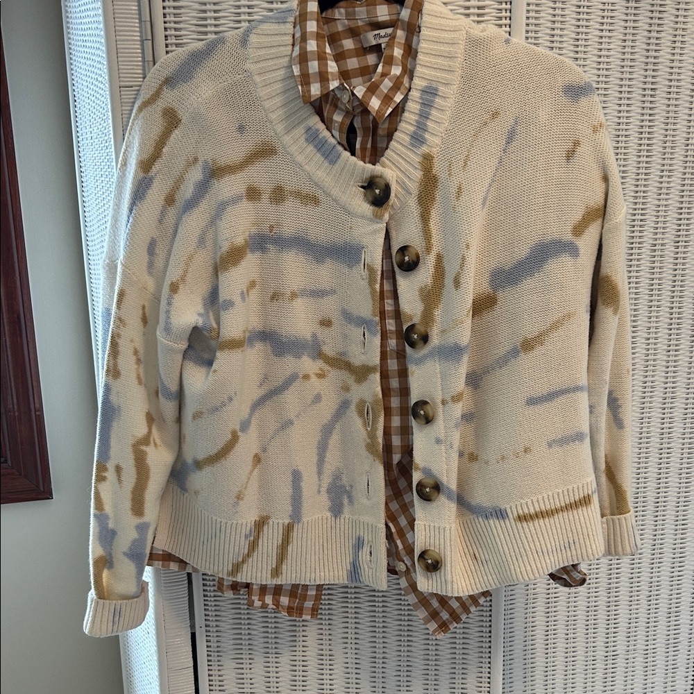 Madewell Cream and Blue Tie-Dye Cardigan